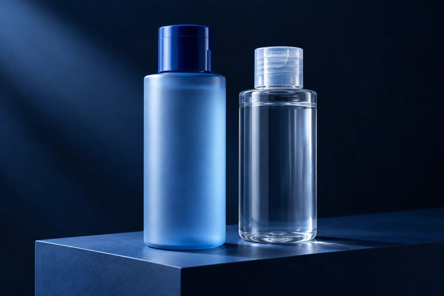 Estudo conceitual de frascos azuis e transparentes com destaque para seus materiais e acabamentos